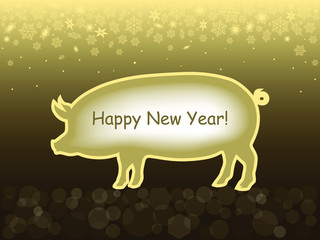Happy New Year 2019 greeting gold design. Vector illustration with pig, text, snowflakes and bokeh light