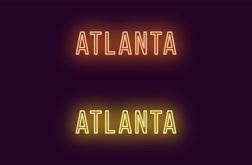 Neon name of Atlanta city in USA. Vector text
