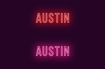 Neon name of Austin city in USA. Vector text