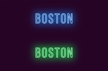 Neon name of Boston city in USA. Vector text