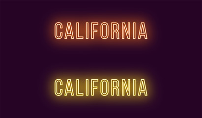 Neon name of California state in USA. Vector text