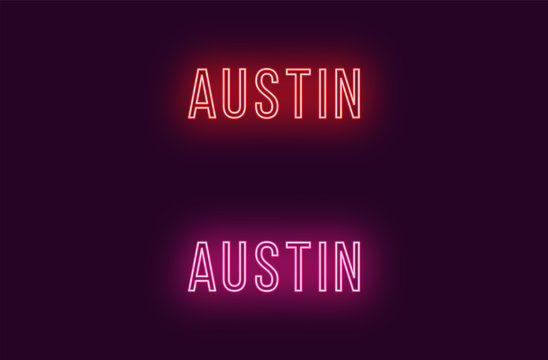 Neon name of Austin city in USA. Vector text