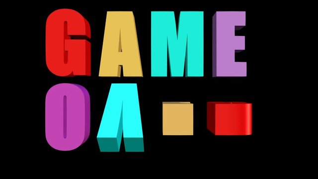 Game over outro with multicolored animated letters on black background, 3d animation on black background, FullHD video