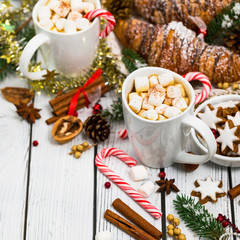Obraz na płótnie Canvas Christmas and New Year Background with Hot Cocoa with Marshmallows. Selective focus.