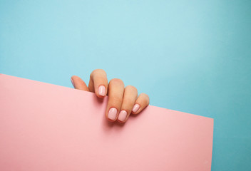 Young woman's hand with beautiful manicure hiding behind pink color paper on blue background with...