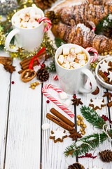 Christmas and New Year Background with Hot Cocoa with Marshmallows. Selective focus.