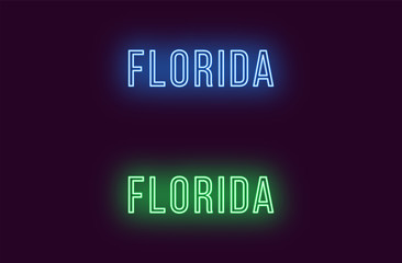 Neon name of Florida state in USA. Vector text