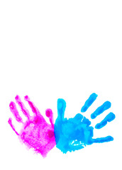 Fototapeta na wymiar Colorful child's handprints isolated on white with copy space. World autism awareness day concept.