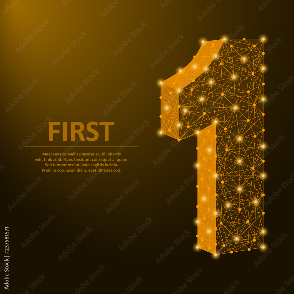 Poster Number one made by points and lines, first sign with golden polygonal wireframe mesh. Vector illustration.