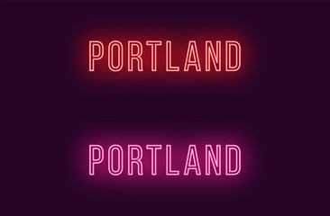 Neon name of Portland city in USA. Vector text