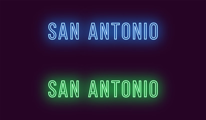 Neon name of San Antonio city in USA. Vector text