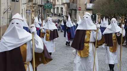 Celebrations of Easter in Enna, Sicily, Italy with the procession of the hoodeds, where members of religious brotherhoods carry statues of the Christ and Our Lady of Sorrows.