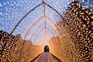 Tunnel formed by Christmas lights. warm light, fairy light, lanterns creating a tunnel in the city...