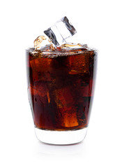 Cola in glass with ice cubes on white background