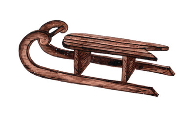 Vintage brown wooden sledges isolated on white background.