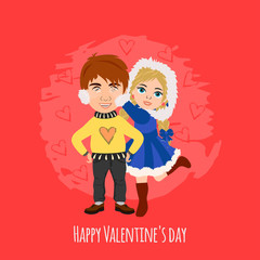 Valentine's Day. Cute boy and girl. Love cards. Vector illustration.