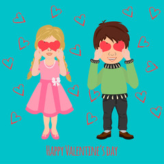 Valentine's Day. Cute boy and girl. Love cards. Vector illustration.