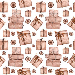 Seamless pattern with watercolor craft gifts on white background.