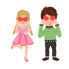 Couple cute boy and girl with  hearts in arms. Valentine's Day card. Vector illustration.