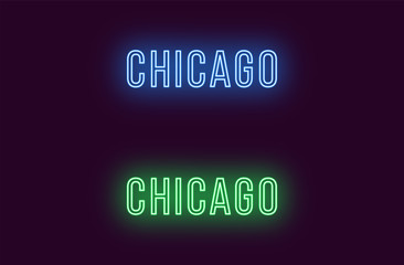 Neon name of Chicago city in USA. Vector text
