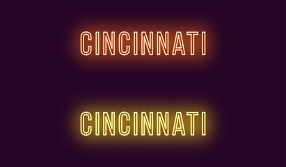 Neon name of Cincinnati city in USA. Vector text