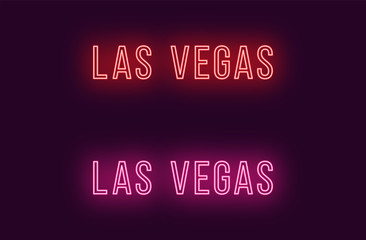 Neon name of Las Vegas city in USA. Vector text