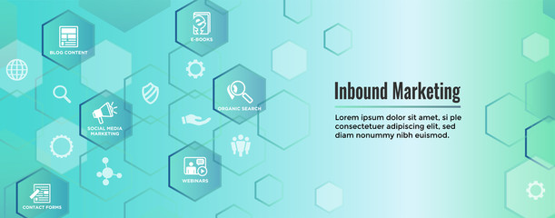 Fototapeta na wymiar Digital Inbound Marketing Web Banner with Vector Icons with CTA, Growth, SEO, etc
