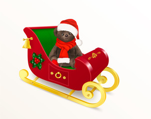 Teddy bear toy sitting in Santa Claus sleigh. Cute teddy bear, wearing a red fluffy hat and a long scarf Realistic icon or object for Christmas design. Vector Illustration
