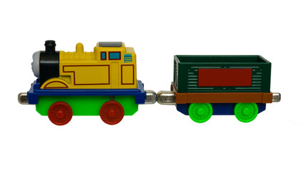 toy children's locomotive and trailer