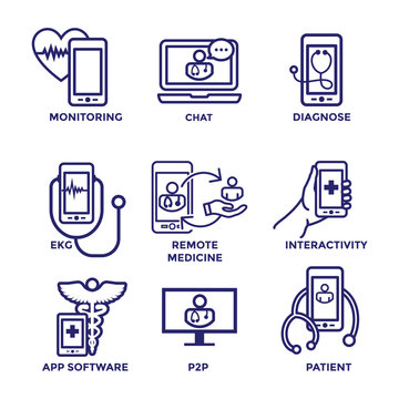 Telemedicine abstract idea with icons illustrating remote health and software