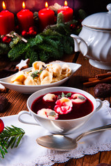 Christmas beetroot soup- borscht with small dumplings
