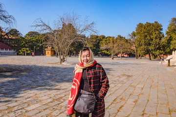 Portrait of Senior Tourist in Ming Dynasty Tombs Beijing city China