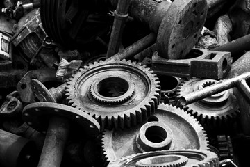 rust gears of old machine - black and white
