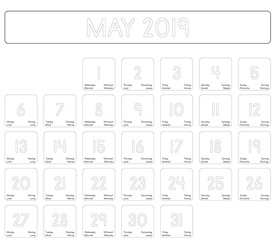 Detailed daily calendar of the month of May 2019