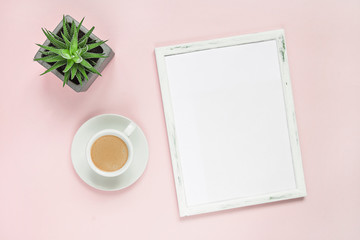 Obraz na płótnie Canvas Top view flat lay desktop plane frame for text and cacti succulents with a copy space of a thousand-year-old pink-blue colored paper background minimal scandinavian style.