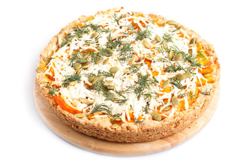 sweet pumpkin pie with cheese and dill isolated on white background.