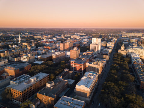 Aerial view of downtown Savannah, Georgia at first light