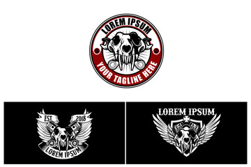 dog or wolf skull with wing, piston and wrench badge crest logos template collection