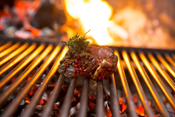  a piece of beef steak on grill  