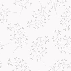 Grey heart leaf branches on white background seamless vector pattern