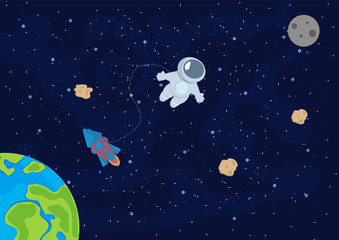 Vector background with space, stars, astronaut and rocket.