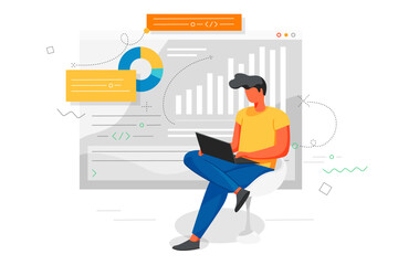 Man works at a laptop and analyzes infographics. Office concept business people. Flat style design Vector illustrations