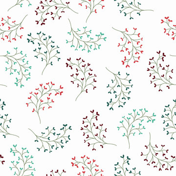 Colorful heart leaf braches on white background seamless vector pattern