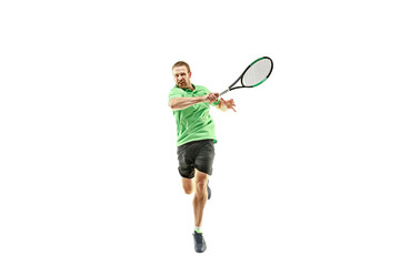 The one caucasian man playing tennis isolated on white background. Studio shot of fit young player...