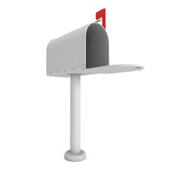 Mailbox with open door and raised flag. 3d render illustration isolated on white background.