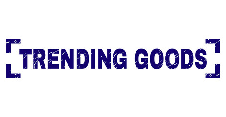 TRENDING GOODS label seal watermark with corroded texture. Text label is placed between corners. Blue vector rubber print of TRENDING GOODS with unclean texture.