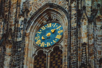 Czech, Prague, clock of the Saint Vitus cathedral decoration. Medieval gothic architecture building...