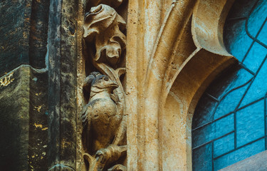 Czech, Prague, part of the Saint Vitus cathedral decoration. Medieval gothic architecture building exterior.