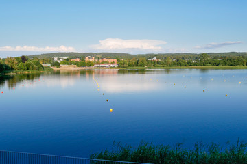 Warm sunny evening on the lake: Rocksjon Lake, Jonkoping in the historical province Småland, Sweden.