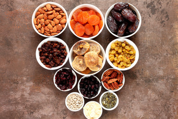 Mix of dried fruits and nuts - symbols of judaic holiday Tu Bishvat